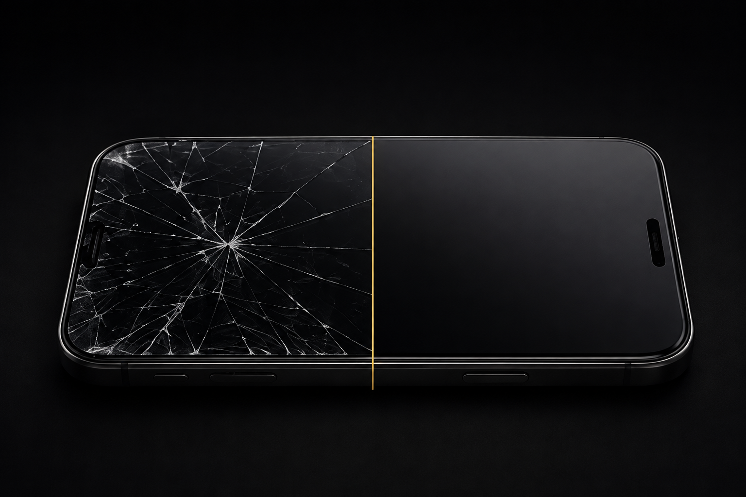The same phone shown with a shattered screen on the left and fully restored on the right