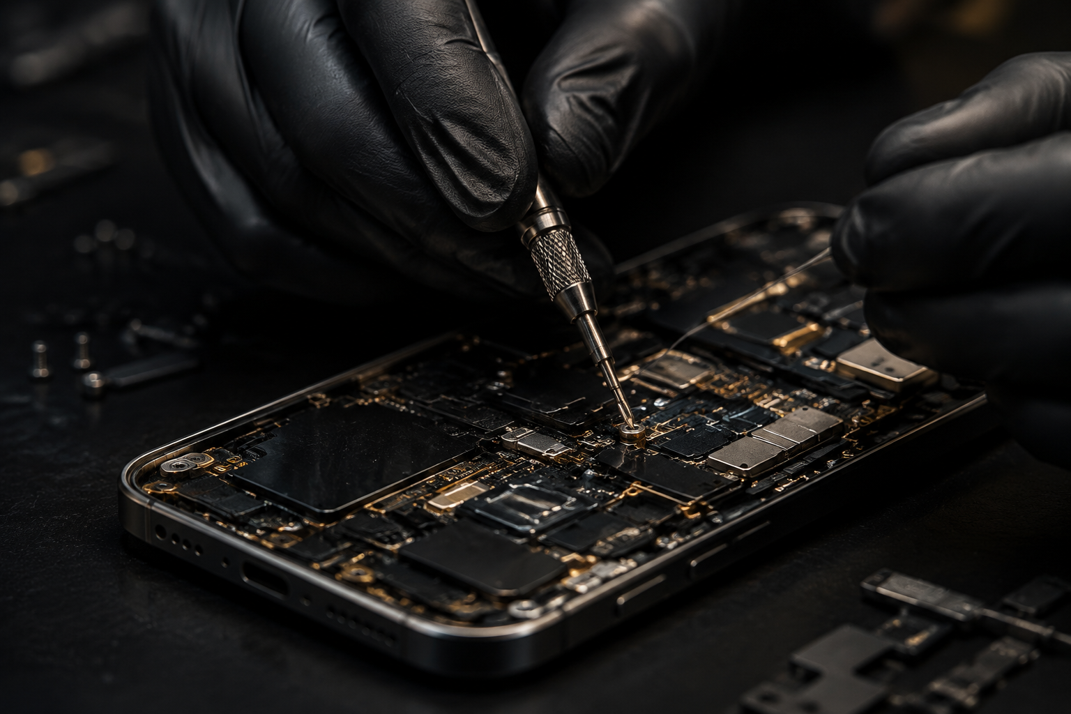 A gloved technician performing precision board-level repair on a phone